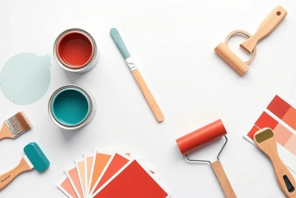 Pots de peinture, nuancier, brosses et rouleaux disposés à plat