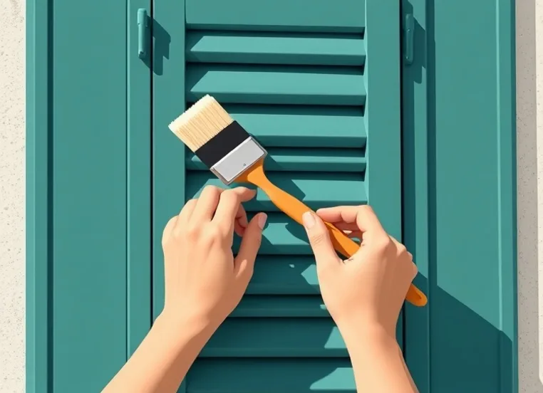 Mise en peinture au pinceau de volets et d'encadrements en bois