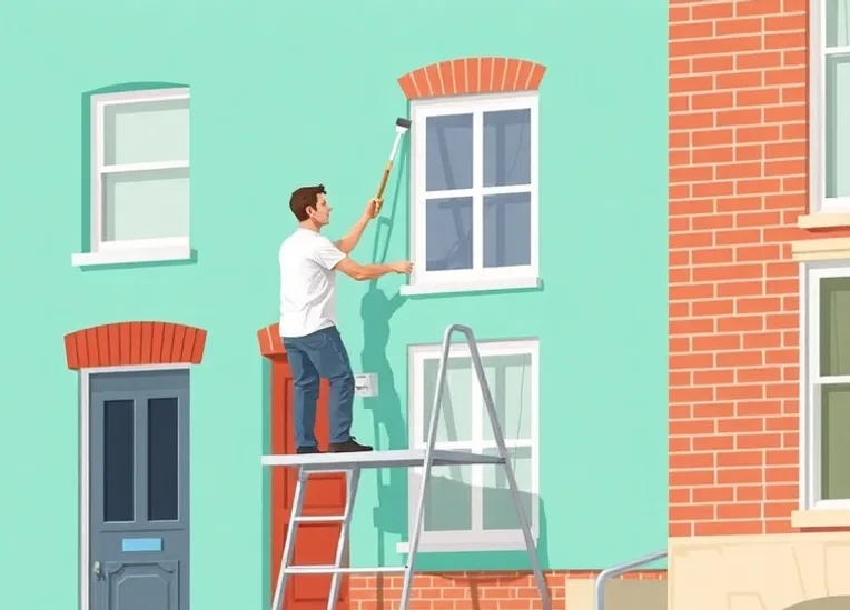 Peintre sur échafaudage traitant la façade d'une maison