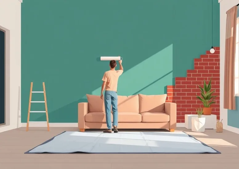 Peintre appliquant la peinture au rouleau sur un mur de salon